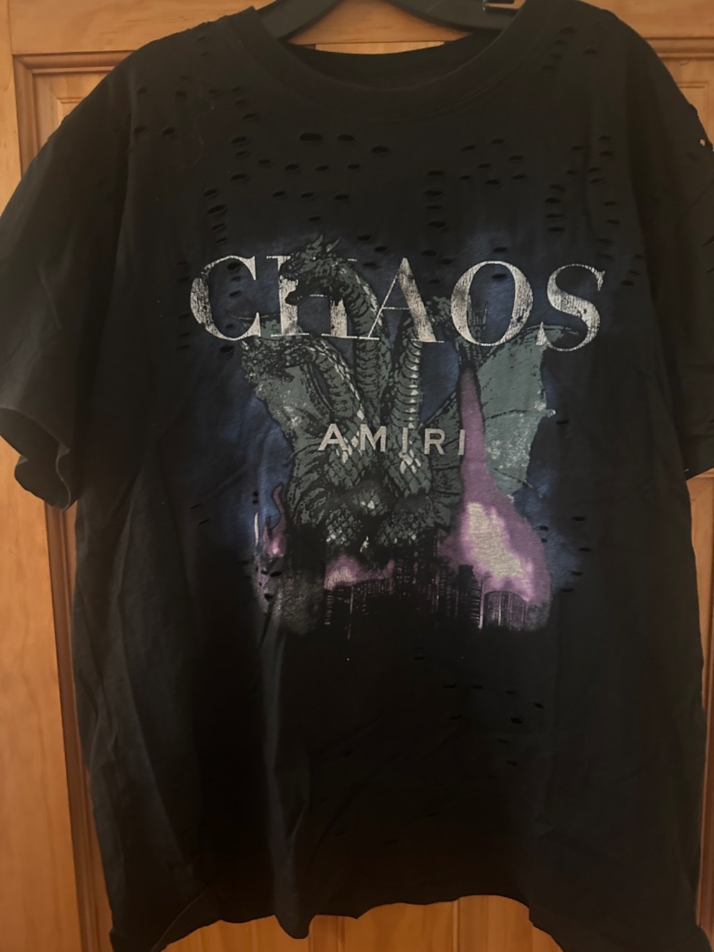 AMIRI Black 'CHAOS' Distressed Graphic Tee with Purple/Blue Accents